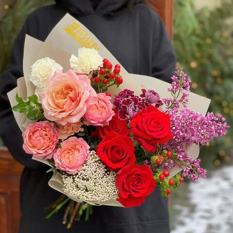 Bouquet «Magic color», Flowers: Pion-shaped rose, Syringa, Ozothamnus, Hypericum, Dianthus, Eucalyptus