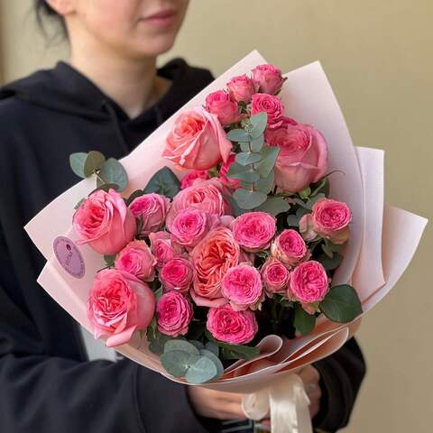 Bright bouquet with peony roses «Dream Adventure», Flowers: Peony Spray Rose, Pion-shaped rose of Pink X-Pression variety