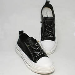 Кожаные спортивные туфли кеды без шнурков женские El Passo sy9002-2 Sport Black-White.