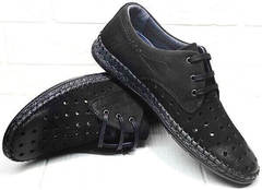 Черные кожаные мокасины туфли летние мужские деловой кэжуал Luciano Bellini 91754-S-315 All Black.