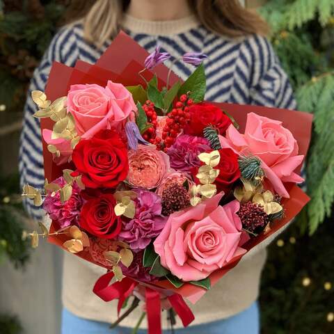 Bouquet «Passionate hugs», Flowers: Rose, Pion-shaped rose, Clematis, Ilex, Dianthus, Skimmia, Eucalyptus