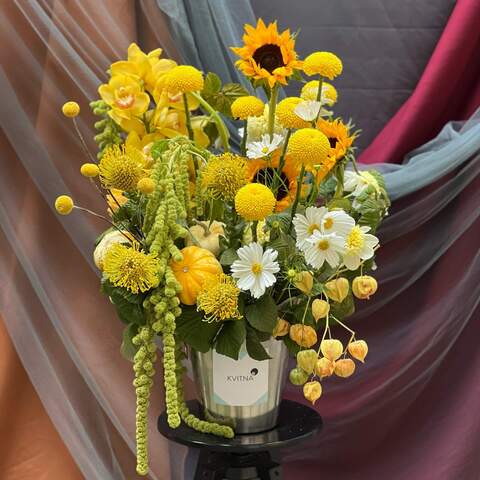 Flower bucket «Sweet Sun», Flowers: Helianthus, Amaranthus, Chrysanthemum, Dahlia, Cosmos, Leucospermum, Rubus Idaeus, Craspedia, Physalis, Cymbidium