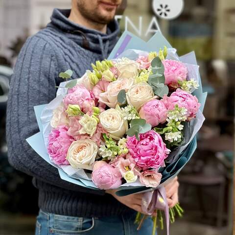 Elegant bouquet with peonies and eustomas «Pink love», Flowers: Paeonia, Eustoma, Pion-shaped rose, Eucalyptus, Oxypetalum