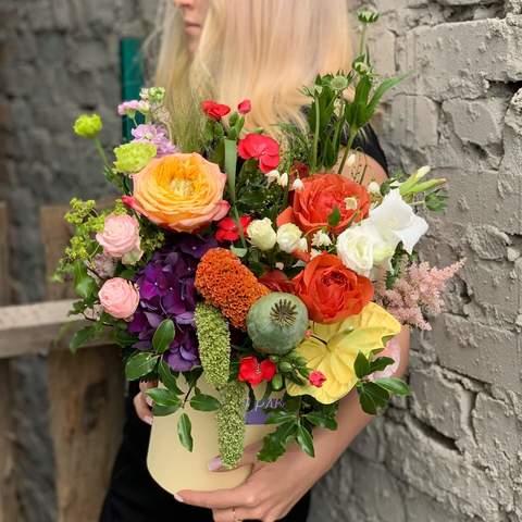 Flowers in a box «Evening walk», Flowers: Dianthus, Setaria, Papaverum, Celosia, Pion-shaped rose, Scabiosa, Hydrangea
