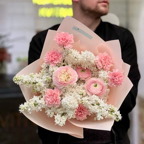 Extremely delicate fragrant bouquet «Strawberry souffle», Flowers: Ranunculus, Syringa, Dianthus