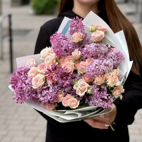 Lilac bouquet «Dream about tenderness», Flowers: Peony Spray Rose, Syringa