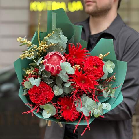 Bright bouquet with protea, gerbera and peony roses «Ruby necklace», Flowers: Pion-shaped rose, Gerbera, Protea, Ilex, Eucalyptus