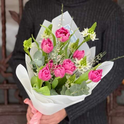 Bouquet «Flowers of tenderness», Flowers: Tulipa, Ornithogalum, Genista, Eucalyptus