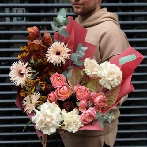 Bouquet «Chocolate Rhapsody», Flowers: Pion-shaped rose, Gerbera, Anthurium, Cymbidium, Eucalyptus, Anigosanthus
