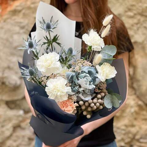 Bouquet «Azure Eyes», Flowers: Paeonia, Dianthus, Eryngium, Brunia, Ozothamnus, Eucalyptus, Lagurus