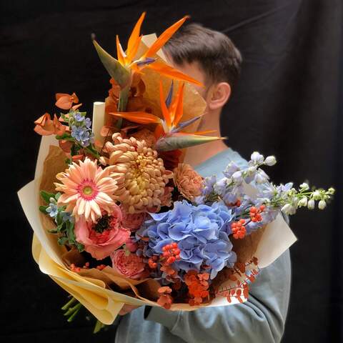 Bouquet «Saharan sky», Flowers: Strelitzia, Chrysanthemum, Oxypetalum, Hydrangea, Pion-shaped rose, Gerbera, Dianthus, Eucalyptus, Ilex