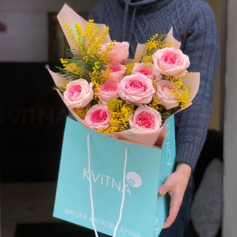 Photo of Bright duo bouquet of 11 Mayra peony roses and fragrant mimosa «Sunny Tanya»