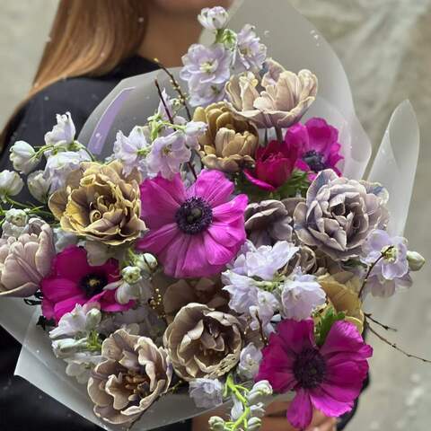 Photo of Dreamy fluffy bouquet of tulips, delphinium and anemones «Evening breeze»