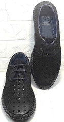 Кожаные мужские мокасины туфли с дырочками smart casual стиль Luciano Bellini 91754-S-315 All Black.
