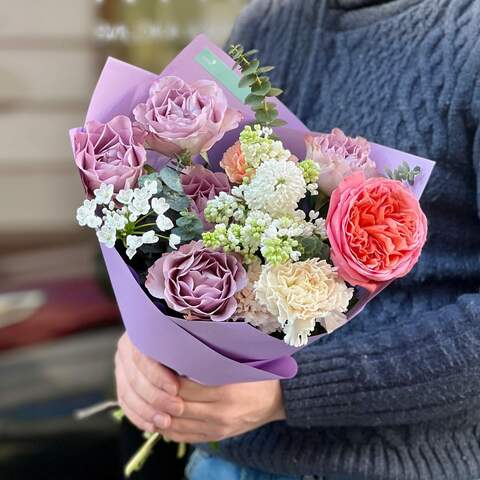 Delicate bouquet with peony roses «Apricot note», Flowers: Pion-shaped rose, Allium, Dianthus, Eucalyptus, Syringa, Rose