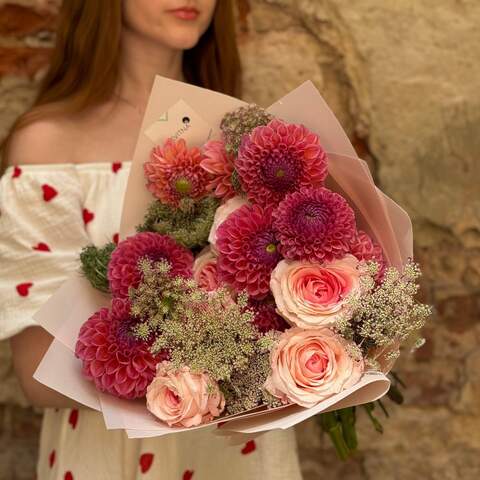 Exquisite bouquet of dahlias and peony roses «Pink Fog», Flowers: Daucus, Dahlia, Pion-shaped rose