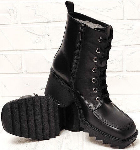 Женские демисезонные ботинки на тракторной подошве. Кожаные ботильоны ботинки с квадратным носком. Черные ботинки ботильоны на каблуке 7 см Marani Magli Black.