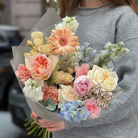 Delicate bouquet of fragrant flowers «Watercolors for Oksana», Flowers: Pion-shaped rose, Delphinium, Matthiola, Genista, Gerbera, Bush Rose
