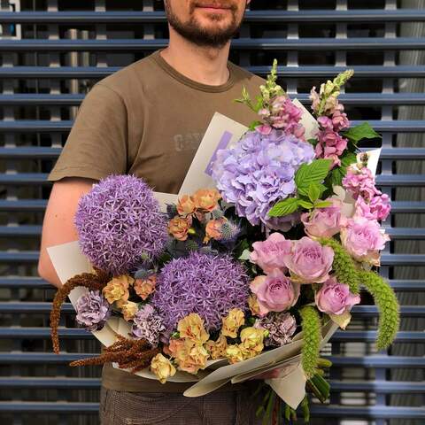 Bouquet «Flower night», Flowers: Hydrangea, Allium, Bush Rose, Amaranthus, Setaria, Rose, Antirinum, Eryngium, Dianthus, Raspberry twigs
