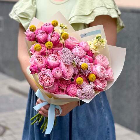 Summer bouquet of spray peony roses and craspedia «Sunny Stars», Flowers: Achillea, Craspedia, Peony Spray Rose, Matthiola