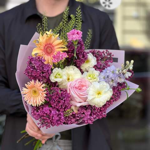 Interesting spring bouquet «Magic butterfly», Flowers: Syringa, Dianthus, Thlaspi, Pion-shaped rose, Delphinium, Ranunculus, Gerbera
