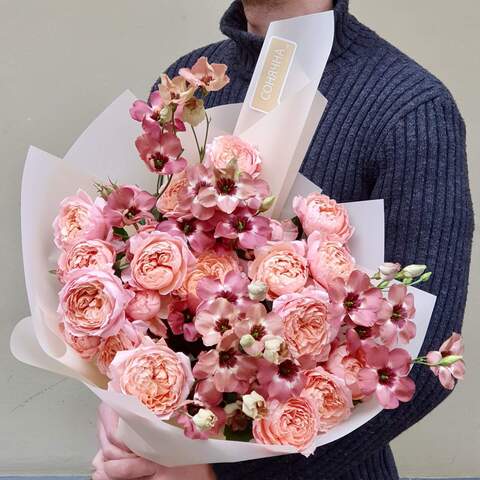 Букет «Персиковые зефирки», Цветы: Роза кустовая пионовидная, Эустома