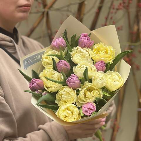 Bouquet of 17 peony shaped tulips «Cream Plum», Flowers: Tulip pion-shaped, 17 pcs.