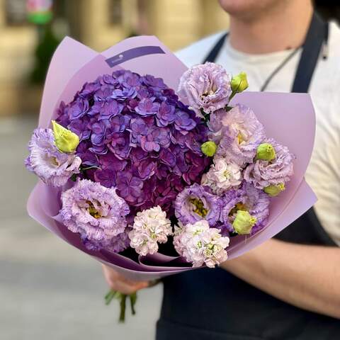 Purple bouquet with hydrangea and eustoma «Mysterious Flower», Flowers: Hydrangea, Eustoma, Matthiola