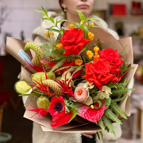 Bright bouquet with exotic flowers «Pangolin's dance», Flowers: Rose, Anemone, Ambrella, Anthurium, Asclepias, Pion-shaped rose, Tulipa, Ranunculus, Sandersonia
