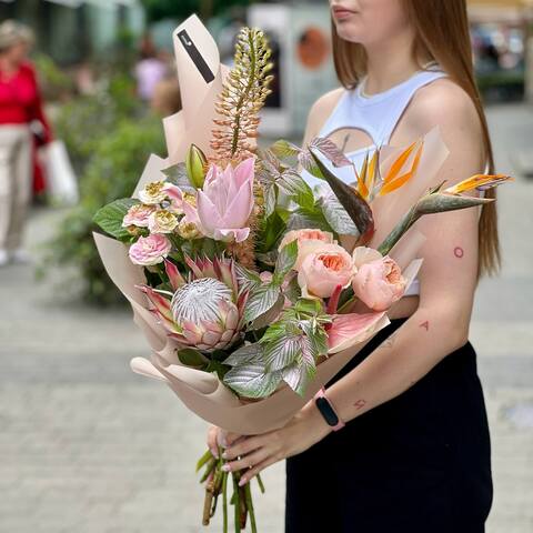 Exotic bouquet with protea and strelitzia «Singing in the Jungle», Flowers: Eremurus, Peony Spray Rose, Lilium, Strelitzia, Protea, Rubus Idaeus, Pion-shaped rose