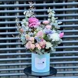 Photo of Exquisite composition with peony roses and delphinium «Pastel evening»