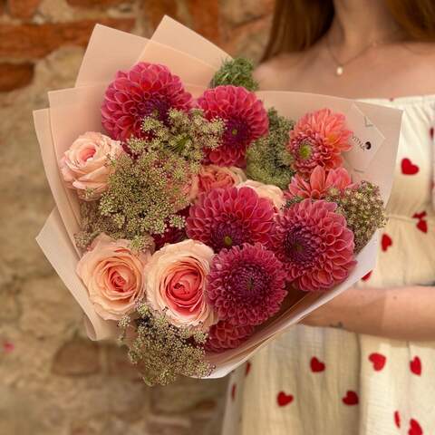 Photo of Exquisite bouquet of dahlias and peony roses «Pink Fog»