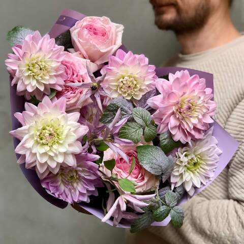 Delicate bouquet in lilac shades «Lavender Patterns», Flowers: Pion-shaped rose, Dahlia, Clematis, Rubus Idaeus