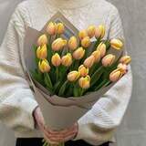 Photo of 25 tulips in a bouquet «Apricot Balls»