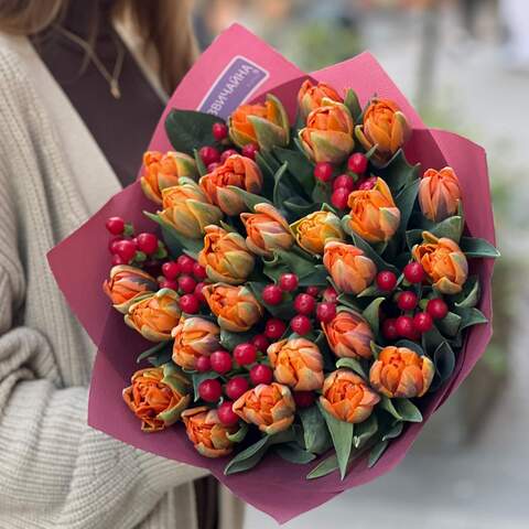 Bright bouquet of peony shaped tulips and hypericum «Ripe Berries», Flowers: Hypericum, Tulip pion-shaped