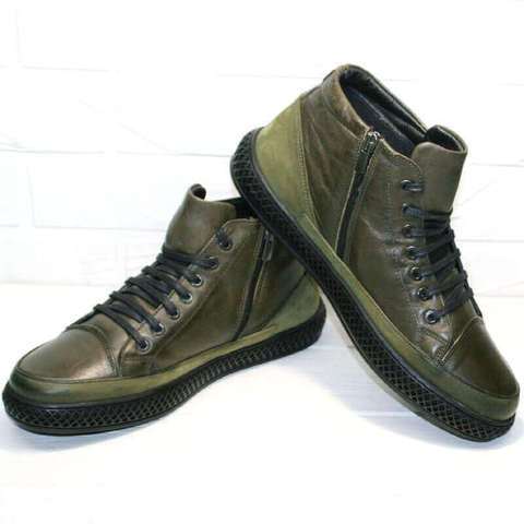 Купити черевики кеди чоловічі шкіряні. Спорт кежуал термочеревики. Темно зелені кросівки черевики зима осінь LucianoBellini-TLKhaki.
