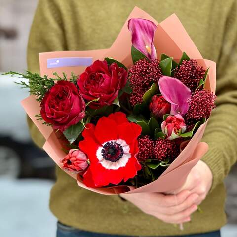 Red bouquet with anemones «Delicate compliment», Flowers: Pion-shaped rose, Anemone, Tulipa, Zantedeschia, Skimmia