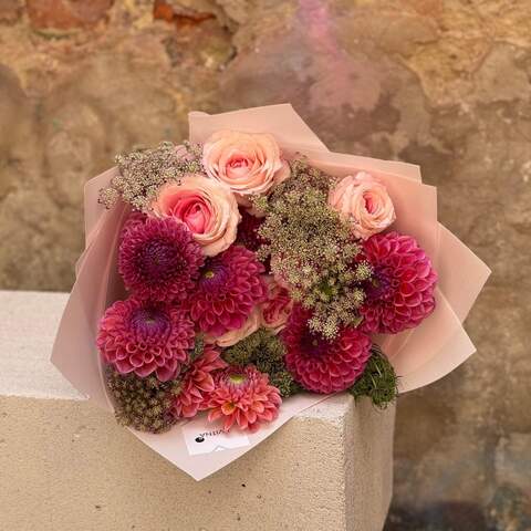 Photo of Exquisite bouquet of dahlias and peony roses «Pink Fog»