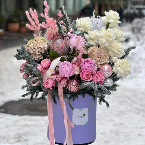 Photo of Delicate composition of pink peonies and hydrangeas with the addition of white roses and wnowy pine needles «Embrace of the Beloved»