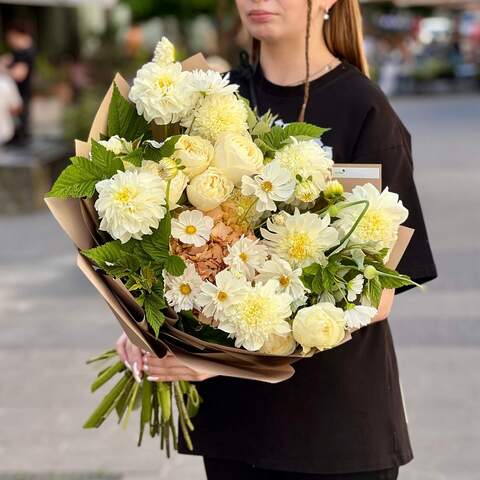 Delicate bouquet with dahlias and peony roses «Ray of Light», Flowers: Allium, Pion-shaped rose, Rubus Idaeus, Dahlia, Cosmos, Limonium, Hydrangea