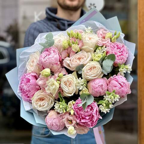 Photo of Elegant bouquet with peonies and eustomas «Pink love»