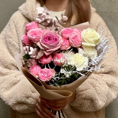 Photo of Delicate bouquet with peony roses «Snow-covered Beauty»