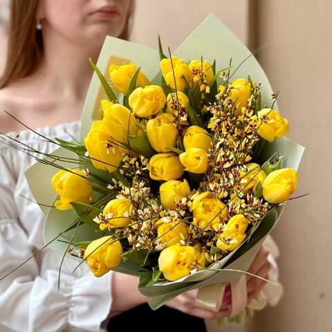 Bright bouquet of tulips and genista «Sunny aroma», Flowers: Tulipa, Genista
