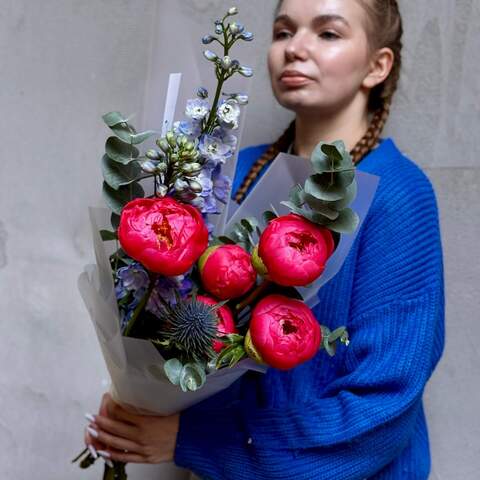 Bright bouquet with Coral Charm peonies «Blue Ray», Flowers: Delphinium, Paeonia of Coral Charm variety, Eucalyptus, Eryngium