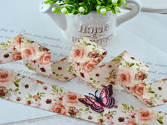 Стрічка сатин Корея Luxury Вінтажні троянди на молочному 38 мм