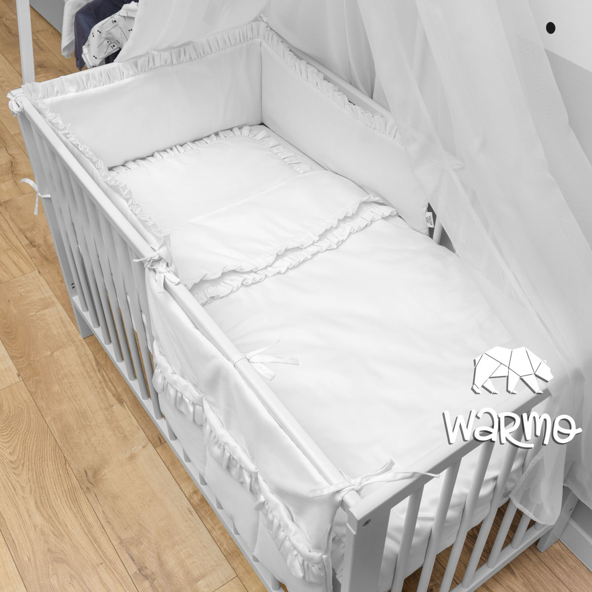 Комплект в дитяче ліжечко з 8 предметів з балдахіном Warmo™ БІЛИЙ