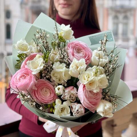 Exquisite white and pink bouquet with Lady Hanoi ranunculus «Fragrant March», Flowers: Tulip pion-shaped, Freesia, Ranunculus, Genista