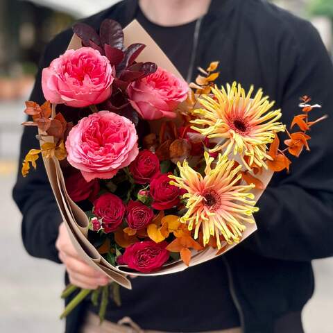 Autumn bouquet with gerberas «Sweet November», Flowers: Bush Rose of Red Trendsetter variety, Eucalyptus, Gerbera, Cotinus, Pion-shaped rose of Candy X-Pression variety