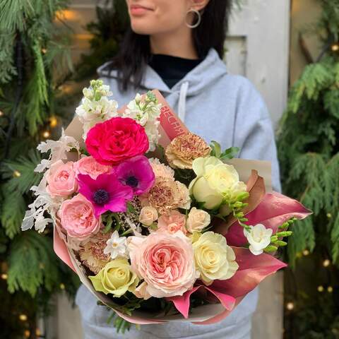 Bouquet «Pink silk», Flowers: Rose, Pion-shaped rose, Anemone, Matthiola, Dianthus, Magnolia