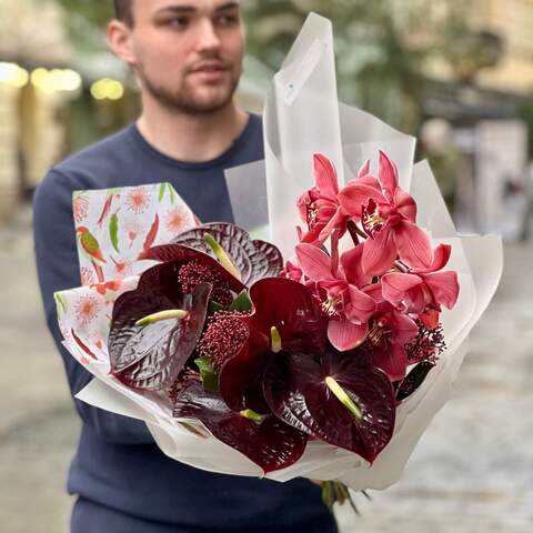 Photo of Crimson exotic bouquet with anthuriums and cymbidiums «Winter Ara»